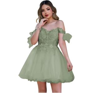 imageYoujiayi 3D Butterfly Homecoming Dresses Sparkly Floral Tulle DAMA Dresses for Quinceanera Sequin Short Prom Dress for TeensSage