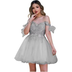 imageYoujiayi 3D Butterfly Homecoming Dresses Sparkly Floral Tulle DAMA Dresses for Quinceanera Sequin Short Prom Dress for TeensSilver