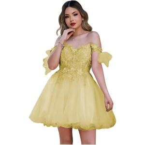 imageYoujiayi 3D Butterfly Homecoming Dresses Sparkly Floral Tulle DAMA Dresses for Quinceanera Sequin Short Prom Dress for TeensYellow