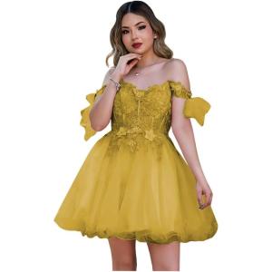 imageYoujiayi 3D Butterfly Homecoming Dresses Sparkly Floral Tulle DAMA Dresses for Quinceanera Sequin Short Prom Dress for TeensYellow Dark