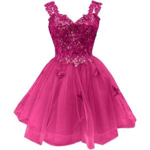 imageYoujiayi 3D Butterfly Short Homecoming Dresses for Teens Off Shoulder DAMA Dresses for Quinceanera Glitter Sequin Prom DressBright Pink