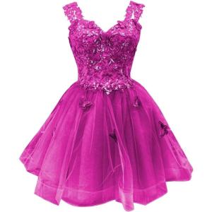 imageYoujiayi 3D Butterfly Short Homecoming Dresses for Teens Off Shoulder DAMA Dresses for Quinceanera Glitter Sequin Prom DressFuchsia