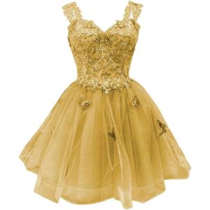 imageYoujiayi 3D Butterfly Short Homecoming Dresses for Teens Off Shoulder DAMA Dresses for Quinceanera Glitter Sequin Prom DressGold
