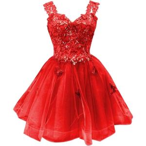 imageYoujiayi 3D Butterfly Short Homecoming Dresses for Teens Off Shoulder DAMA Dresses for Quinceanera Glitter Sequin Prom DressRed
