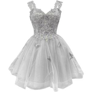 imageYoujiayi 3D Butterfly Short Homecoming Dresses for Teens Off Shoulder DAMA Dresses for Quinceanera Glitter Sequin Prom DressSilver