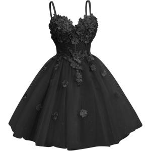 imageYoujiayi 3D Floral Short Homecoming Dresses for Teens Spaghetti Straps DAMA Dress for Quinceanera Puffy Tulle Short Ball GownBlack