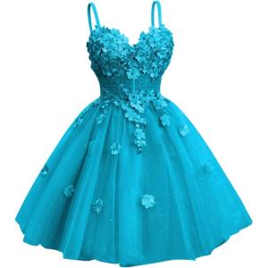 imageYoujiayi 3D Floral Short Homecoming Dresses for Teens Spaghetti Straps DAMA Dress for Quinceanera Puffy Tulle Short Ball GownBlue