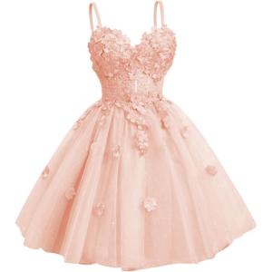 imageYoujiayi 3D Floral Short Homecoming Dresses for Teens Spaghetti Straps DAMA Dress for Quinceanera Puffy Tulle Short Ball GownBlush Pink
