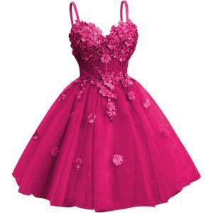 imageYoujiayi 3D Floral Short Homecoming Dresses for Teens Spaghetti Straps DAMA Dress for Quinceanera Puffy Tulle Short Ball GownBright Pink