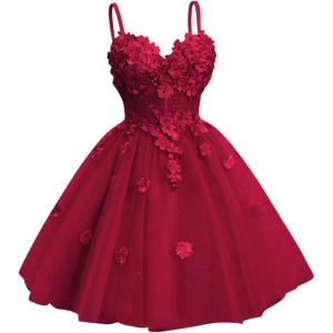 imageYoujiayi 3D Floral Short Homecoming Dresses for Teens Spaghetti Straps DAMA Dress for Quinceanera Puffy Tulle Short Ball GownBurgundy