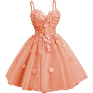 imageYoujiayi 3D Floral Short Homecoming Dresses for Teens Spaghetti Straps DAMA Dress for Quinceanera Puffy Tulle Short Ball GownCoral