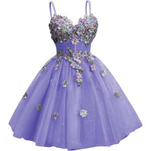 imageYoujiayi 3D Floral Short Homecoming Dresses for Teens Spaghetti Straps DAMA Dress for Quinceanera Puffy Tulle Short Ball GownDark Lavender