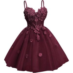 imageYoujiayi 3D Floral Short Homecoming Dresses for Teens Spaghetti Straps DAMA Dress for Quinceanera Puffy Tulle Short Ball GownDeep Burgundy