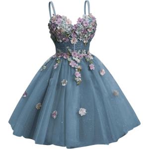 imageYoujiayi 3D Floral Short Homecoming Dresses for Teens Spaghetti Straps DAMA Dress for Quinceanera Puffy Tulle Short Ball GownDusty Blue