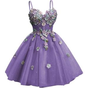 imageYoujiayi 3D Floral Short Homecoming Dresses for Teens Spaghetti Straps DAMA Dress for Quinceanera Puffy Tulle Short Ball GownDusty Purple