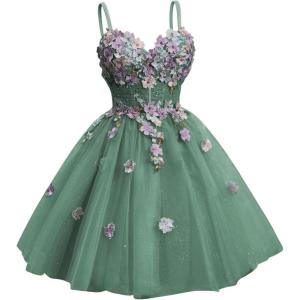 imageYoujiayi 3D Floral Short Homecoming Dresses for Teens Spaghetti Straps DAMA Dress for Quinceanera Puffy Tulle Short Ball GownDusty Sage