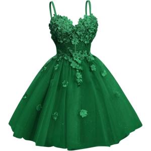 imageYoujiayi 3D Floral Short Homecoming Dresses for Teens Spaghetti Straps DAMA Dress for Quinceanera Puffy Tulle Short Ball GownEmerald Green