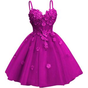 imageYoujiayi 3D Floral Short Homecoming Dresses for Teens Spaghetti Straps DAMA Dress for Quinceanera Puffy Tulle Short Ball GownFuchsia