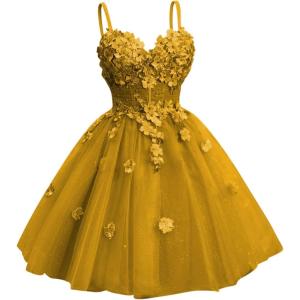 imageYoujiayi 3D Floral Short Homecoming Dresses for Teens Spaghetti Straps DAMA Dress for Quinceanera Puffy Tulle Short Ball GownGold