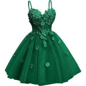 imageYoujiayi 3D Floral Short Homecoming Dresses for Teens Spaghetti Straps DAMA Dress for Quinceanera Puffy Tulle Short Ball GownGreen