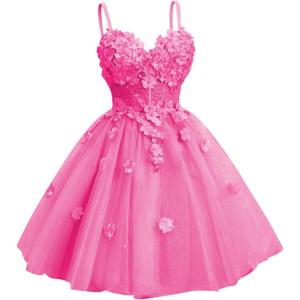 imageYoujiayi 3D Floral Short Homecoming Dresses for Teens Spaghetti Straps DAMA Dress for Quinceanera Puffy Tulle Short Ball GownHot Pink
