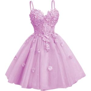 imageYoujiayi 3D Floral Short Homecoming Dresses for Teens Spaghetti Straps DAMA Dress for Quinceanera Puffy Tulle Short Ball GownLilac