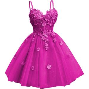 imageYoujiayi 3D Floral Short Homecoming Dresses for Teens Spaghetti Straps DAMA Dress for Quinceanera Puffy Tulle Short Ball GownMagenta