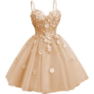 imageYoujiayi 3D Floral Short Homecoming Dresses for Teens Spaghetti Straps DAMA Dress for Quinceanera Puffy Tulle Short Ball GownPeach