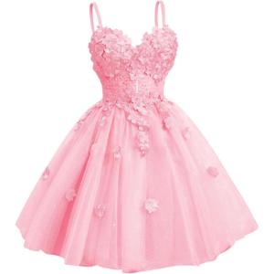 imageYoujiayi 3D Floral Short Homecoming Dresses for Teens Spaghetti Straps DAMA Dress for Quinceanera Puffy Tulle Short Ball GownPink
