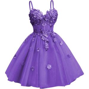 imageYoujiayi 3D Floral Short Homecoming Dresses for Teens Spaghetti Straps DAMA Dress for Quinceanera Puffy Tulle Short Ball GownPurple