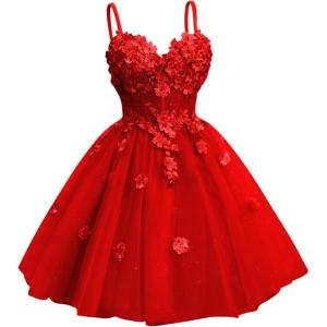 imageYoujiayi 3D Floral Short Homecoming Dresses for Teens Spaghetti Straps DAMA Dress for Quinceanera Puffy Tulle Short Ball GownRed