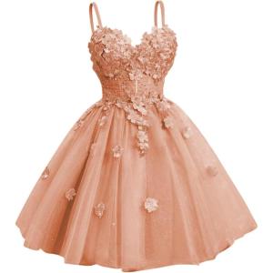 imageYoujiayi 3D Floral Short Homecoming Dresses for Teens Spaghetti Straps DAMA Dress for Quinceanera Puffy Tulle Short Ball GownRose Gold