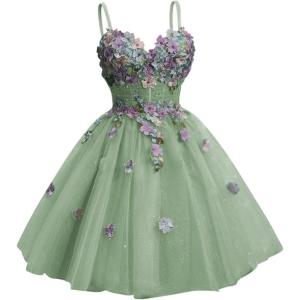 imageYoujiayi 3D Floral Short Homecoming Dresses for Teens Spaghetti Straps DAMA Dress for Quinceanera Puffy Tulle Short Ball GownSage
