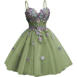 imageYoujiayi 3D Floral Short Homecoming Dresses for Teens Spaghetti Straps DAMA Dress for Quinceanera Puffy Tulle Short Ball GownSage Green