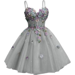 imageYoujiayi 3D Floral Short Homecoming Dresses for Teens Spaghetti Straps DAMA Dress for Quinceanera Puffy Tulle Short Ball GownSilver