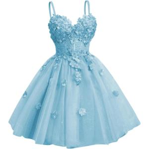 imageYoujiayi 3D Floral Short Homecoming Dresses for Teens Spaghetti Straps DAMA Dress for Quinceanera Puffy Tulle Short Ball GownSky Blue