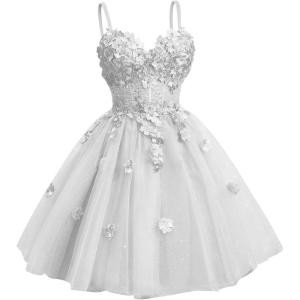 imageYoujiayi 3D Floral Short Homecoming Dresses for Teens Spaghetti Straps DAMA Dress for Quinceanera Puffy Tulle Short Ball GownWhite