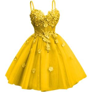 imageYoujiayi 3D Floral Short Homecoming Dresses for Teens Spaghetti Straps DAMA Dress for Quinceanera Puffy Tulle Short Ball GownYellow Dark