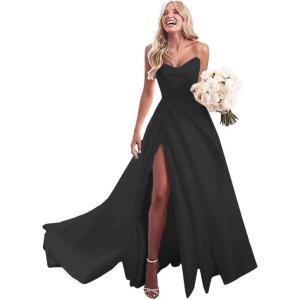 imageYoujiayi ALine Satin Wedding Dresses for Bride Long V Neck Pleated Wedding Gowns Side Split Bridal Dress for WomenBlack