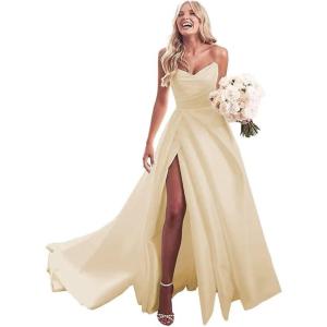 imageYoujiayi ALine Satin Wedding Dresses for Bride Long V Neck Pleated Wedding Gowns Side Split Bridal Dress for WomenChampagne