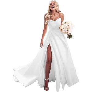 imageYoujiayi ALine Satin Wedding Dresses for Bride Long V Neck Pleated Wedding Gowns Side Split Bridal Dress for WomenWhite