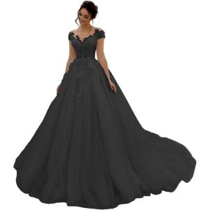imageYoujiayi Elegant Lace Tulle Wedding Dresses for Women Off The Shoulder Bridal Gown with Train Puffy Long Wedding GownBlack