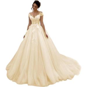 imageYoujiayi Elegant Lace Tulle Wedding Dresses for Women Off The Shoulder Bridal Gown with Train Puffy Long Wedding GownChampagne