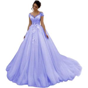 imageYoujiayi Elegant Lace Tulle Wedding Dresses for Women Off The Shoulder Bridal Gown with Train Puffy Long Wedding GownLavender