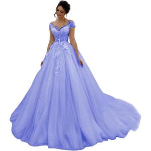 imageYoujiayi Elegant Lace Tulle Wedding Dresses for Women Off The Shoulder Bridal Gown with Train Puffy Long Wedding GownLavender Deep