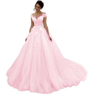 imageYoujiayi Elegant Lace Tulle Wedding Dresses for Women Off The Shoulder Bridal Gown with Train Puffy Long Wedding GownPink