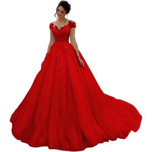 imageYoujiayi Elegant Lace Tulle Wedding Dresses for Women Off The Shoulder Bridal Gown with Train Puffy Long Wedding GownRed