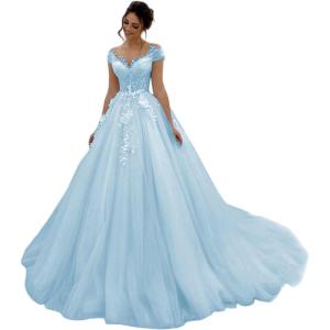 imageYoujiayi Elegant Lace Tulle Wedding Dresses for Women Off The Shoulder Bridal Gown with Train Puffy Long Wedding GownSky Blue