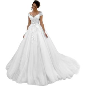 imageYoujiayi Elegant Lace Tulle Wedding Dresses for Women Off The Shoulder Bridal Gown with Train Puffy Long Wedding GownWhite
