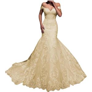 imageYoujiayi Elegant Mermaid Wedding Dresses for Bride Long Lace Tulle Bridal Gown Off Shoulder Wedding Gowns with TrainChampagne